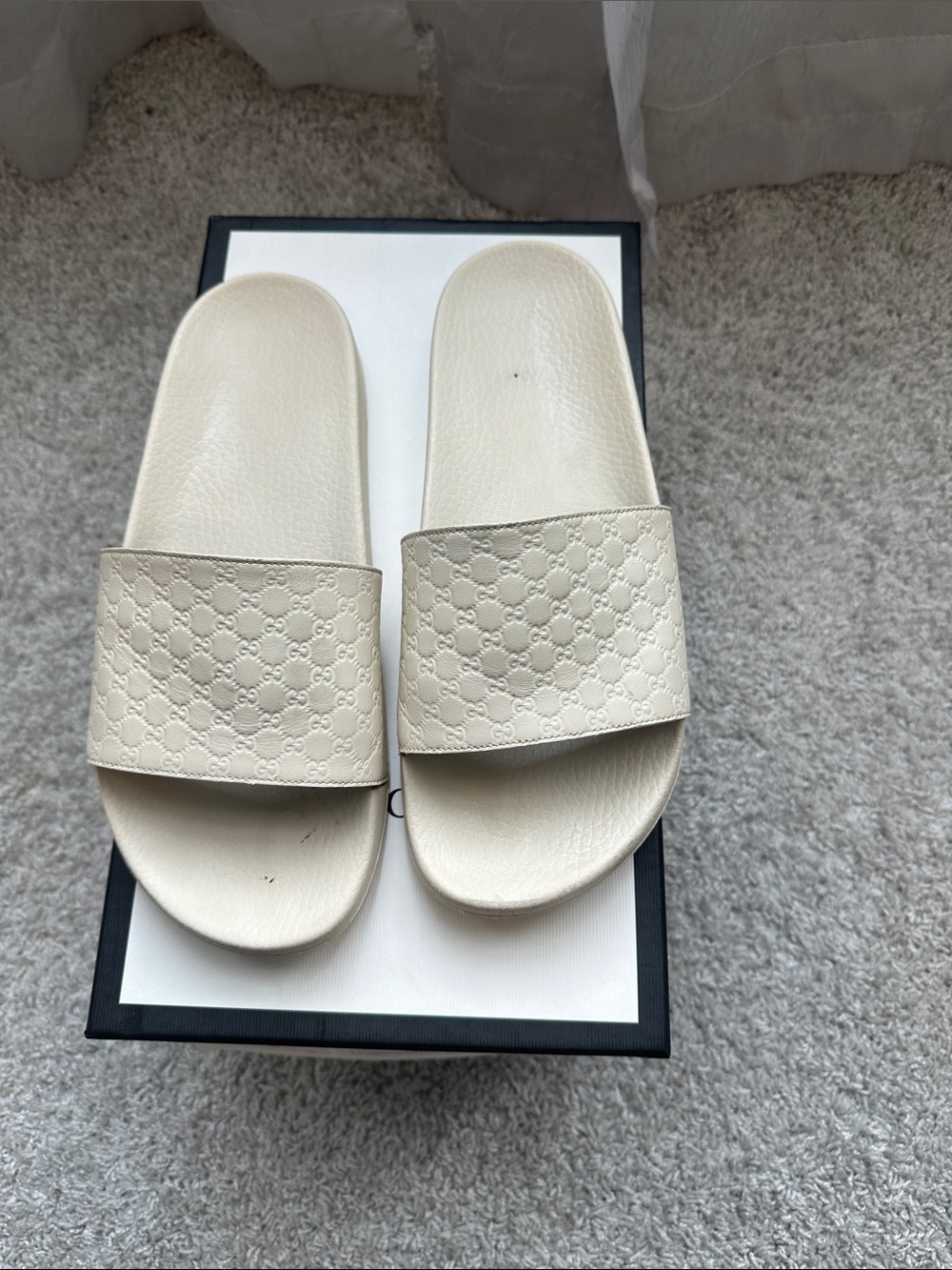 Gucci Cream Embossed Logo Slide Sandals